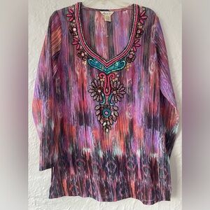 Lucky & Co. multicolored striped deep vneck beaded tunic top/coverup, sheer; M